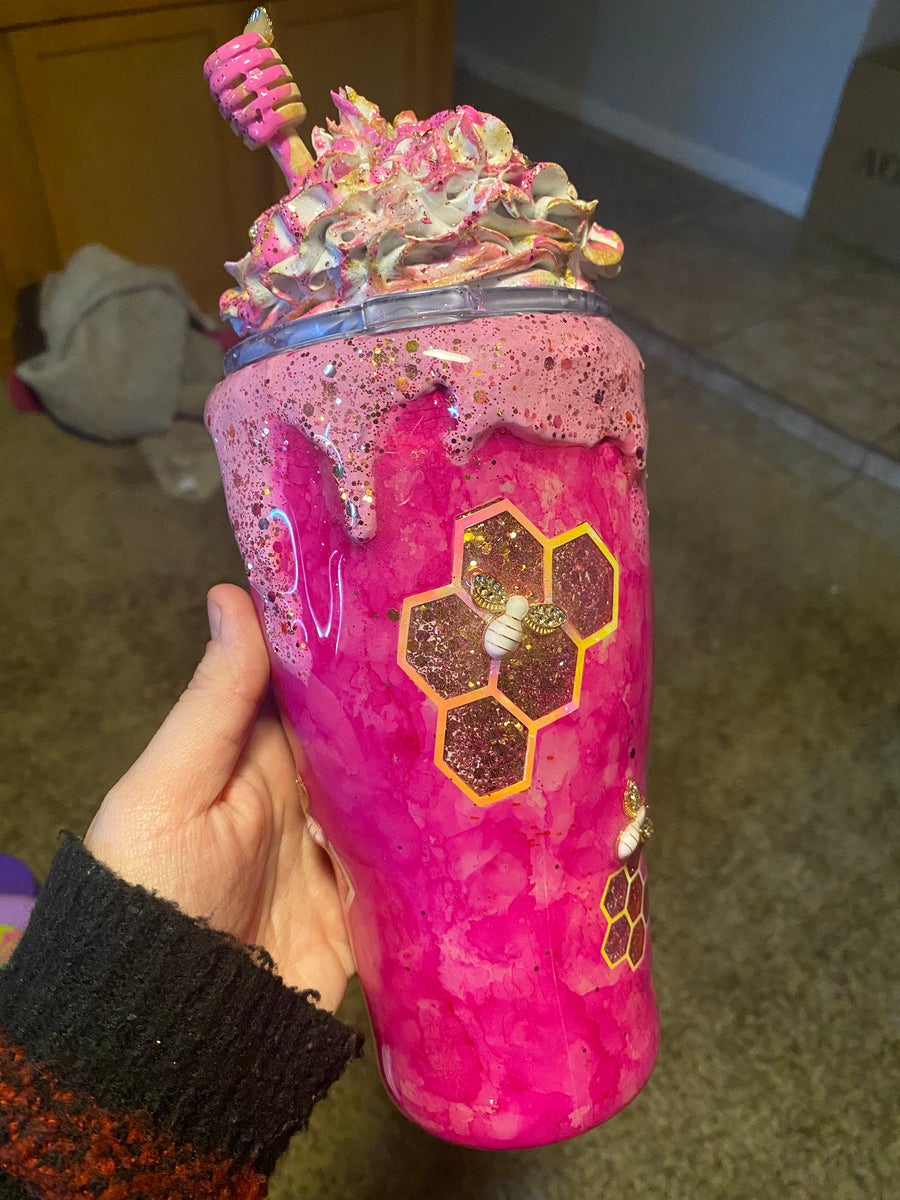 Pink Honeycomb Queen Bee Tumbler W/ Whipped Cream – Yoli's Custom