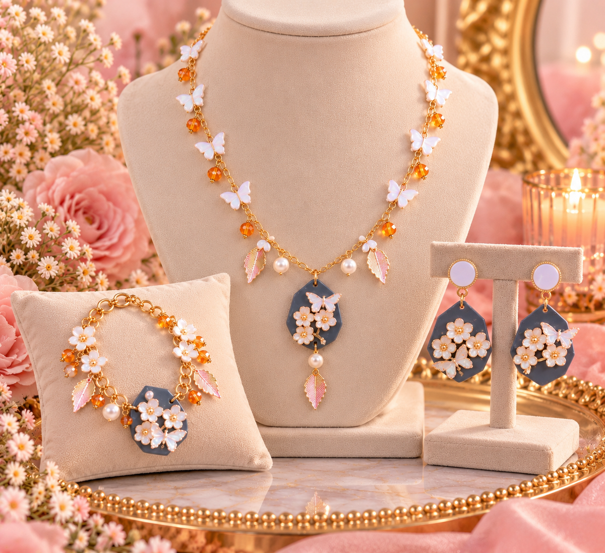 Golden Butterfly Garden Jewelry Set 🦋🌸