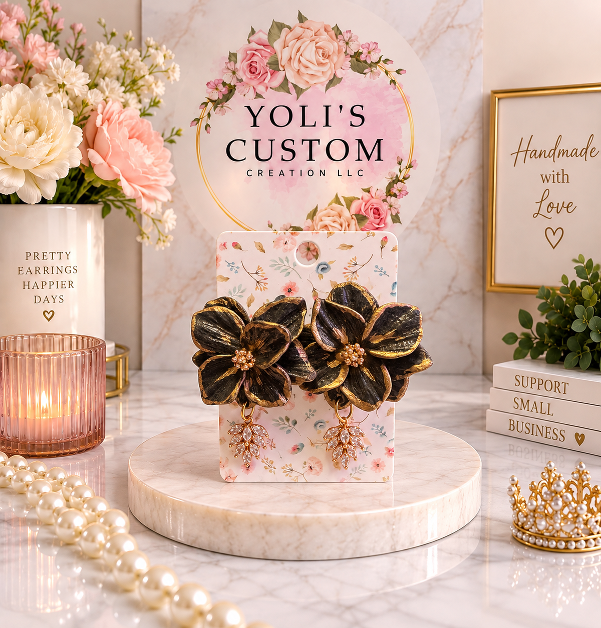 Black & Gold Floral Earrings