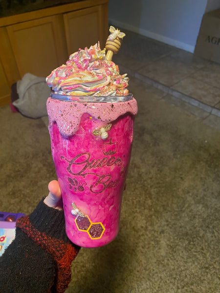 Pink Honeycomb Queen Bee Tumbler W/ Whipped Cream